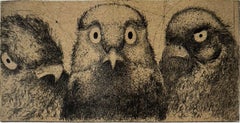 Discours D'oiseaux #5, humorous etching of birds in discussion by Marjan Seyedin