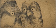 Discours D'oiseaux #9, humorous etching of birds in discussion by Marjan Seyedin