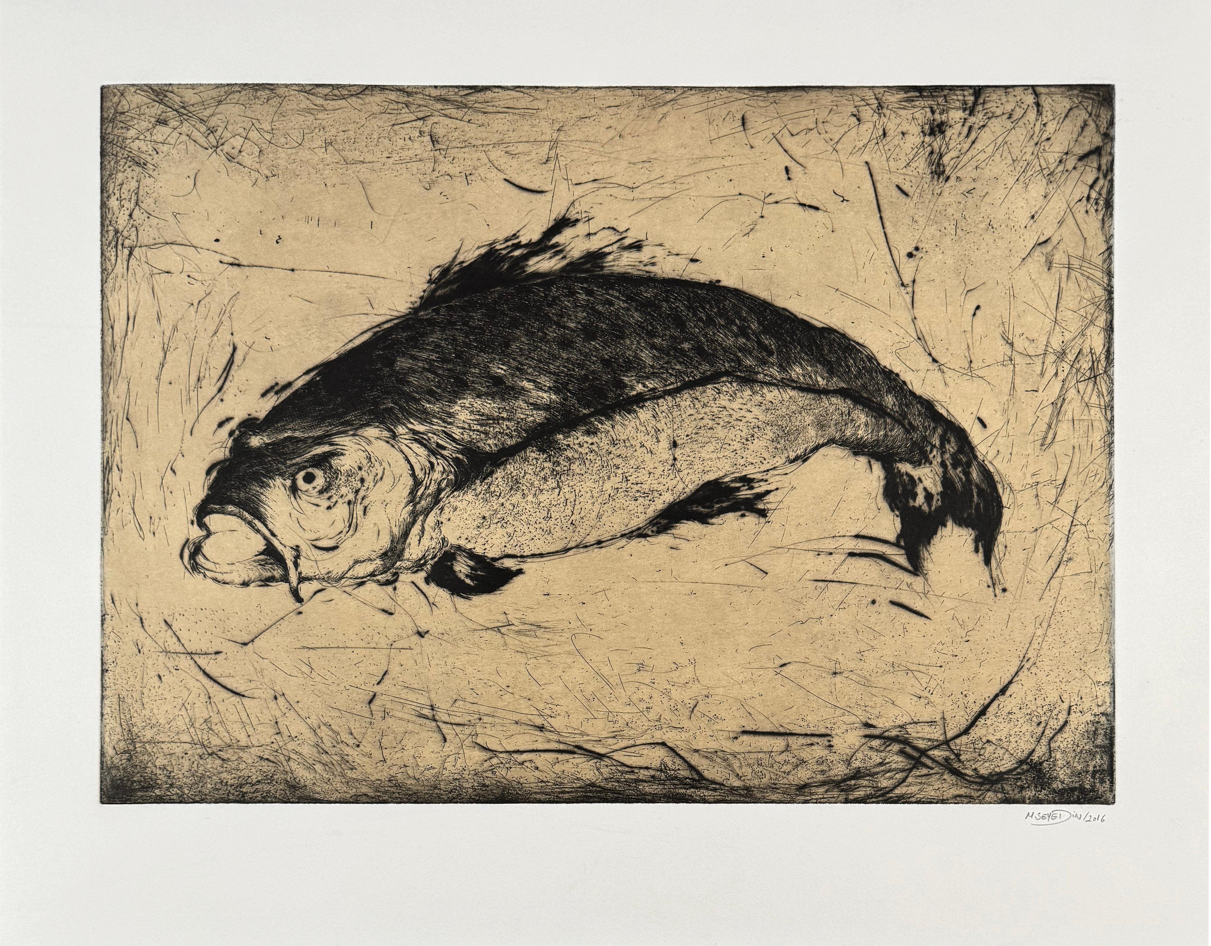 Poisson #1, etching of a fish by Marjan Seyedin For Sale 1
