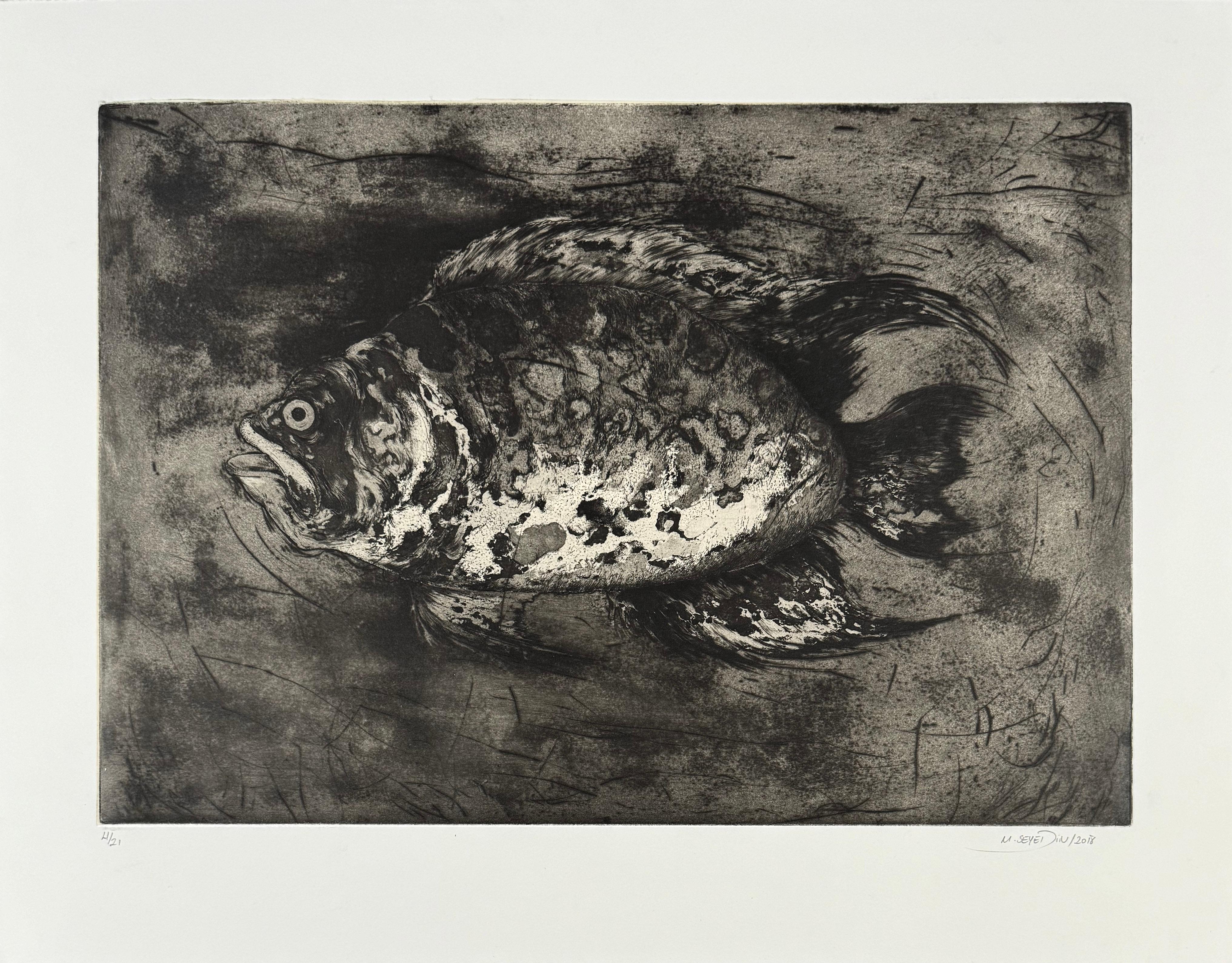 Poisson #5, etching of a fish by Marjan Seyedin For Sale 1
