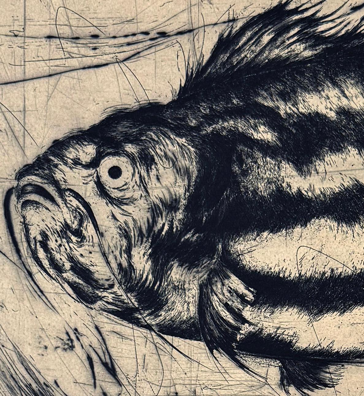 Poisson #6, etching of a fish by Marjan Seyedin For Sale 1
