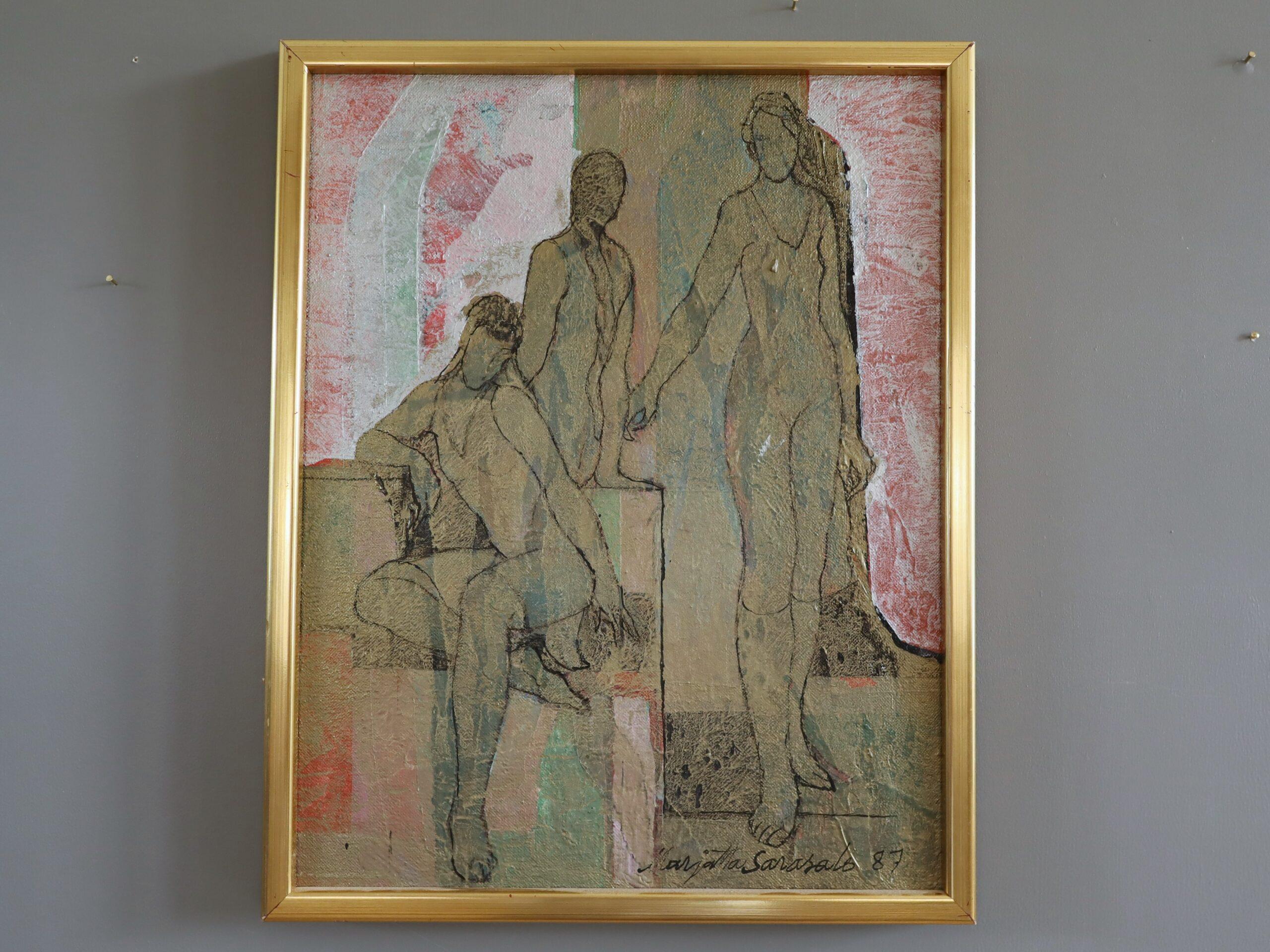 1987 Modernist Finnish Semi-Abstract Figurative Oil Painting - Dream Reflex - Brown Figurative Painting by Marjatta Sarasalo