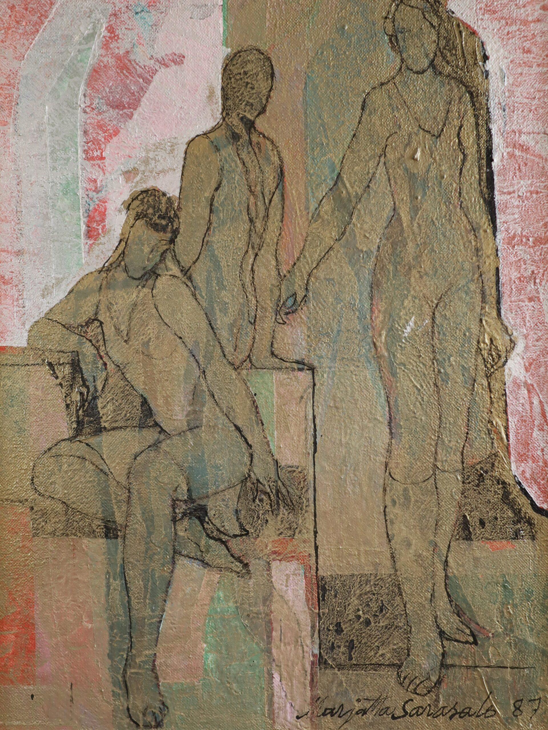1987 Modernist Finnish Semi-Abstract Figurative Oil Painting - Dream Reflex For Sale 5