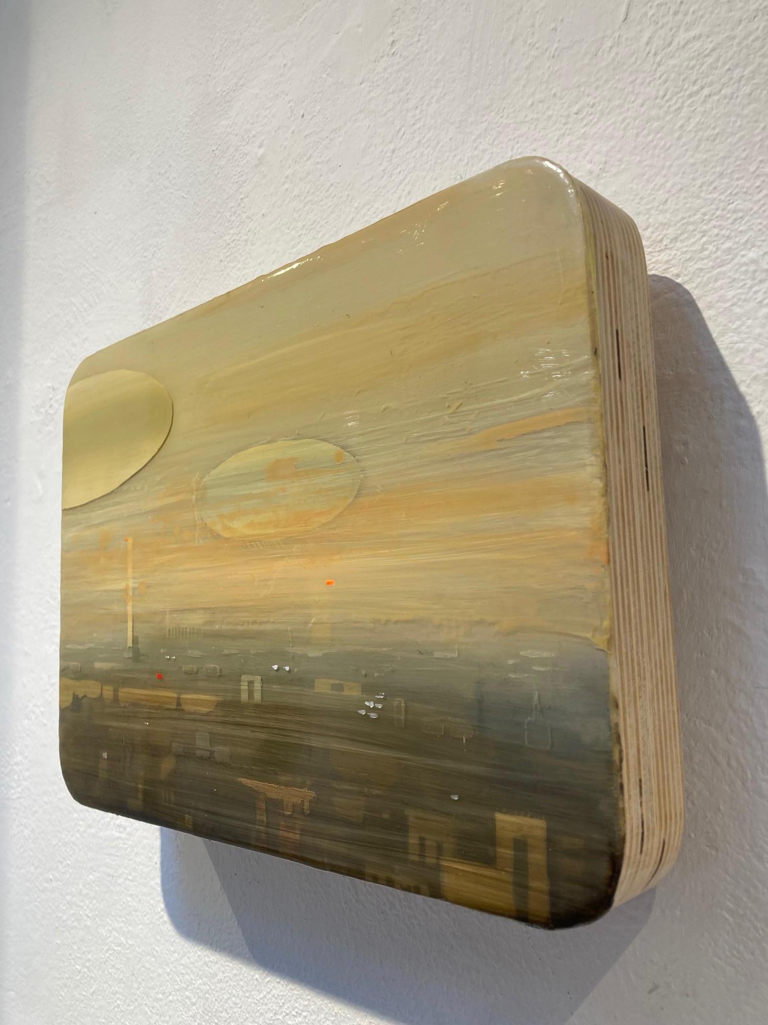 Peinture acrylique sur panneau City Scape IV, en stock - Marron Figurative Painting par Marjolein van Haasteren