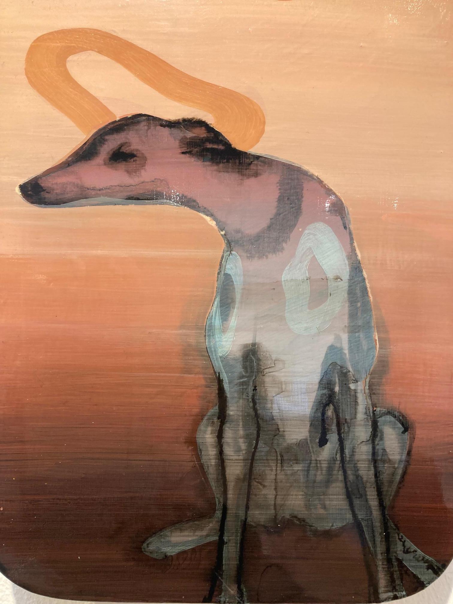 Hound Dog Acrylic Paint on Panel Dogs Life In Stock - Brown Animal Painting by Marjolein van Haasteren
