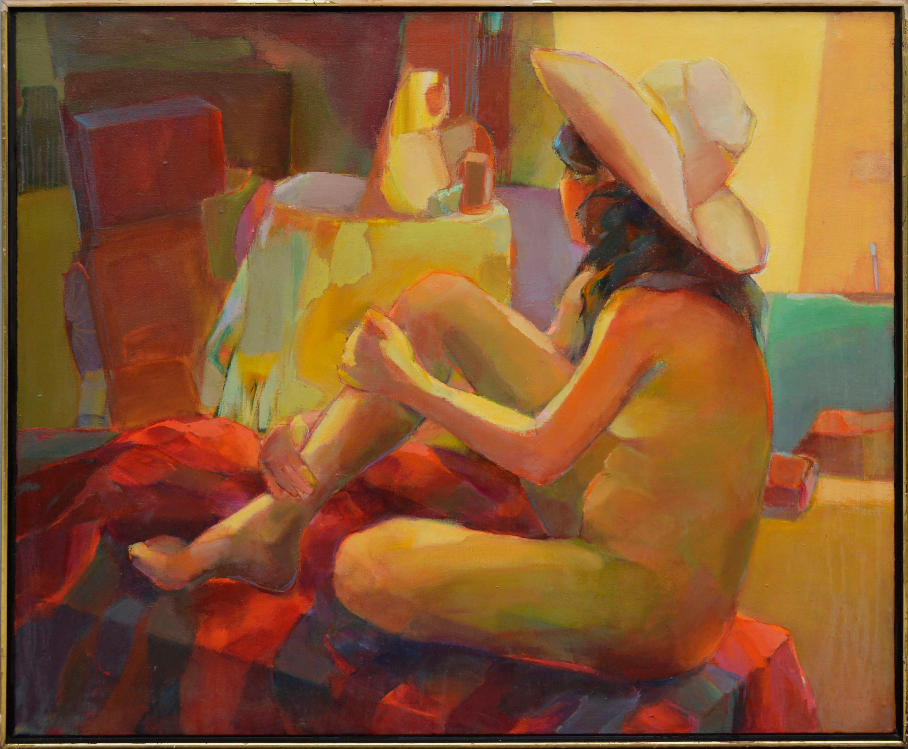 Marjorie Cathcart Nude Painting - "Cabaña" - Bay Area School Expressionist Seated Figure with Cowboy Hat
