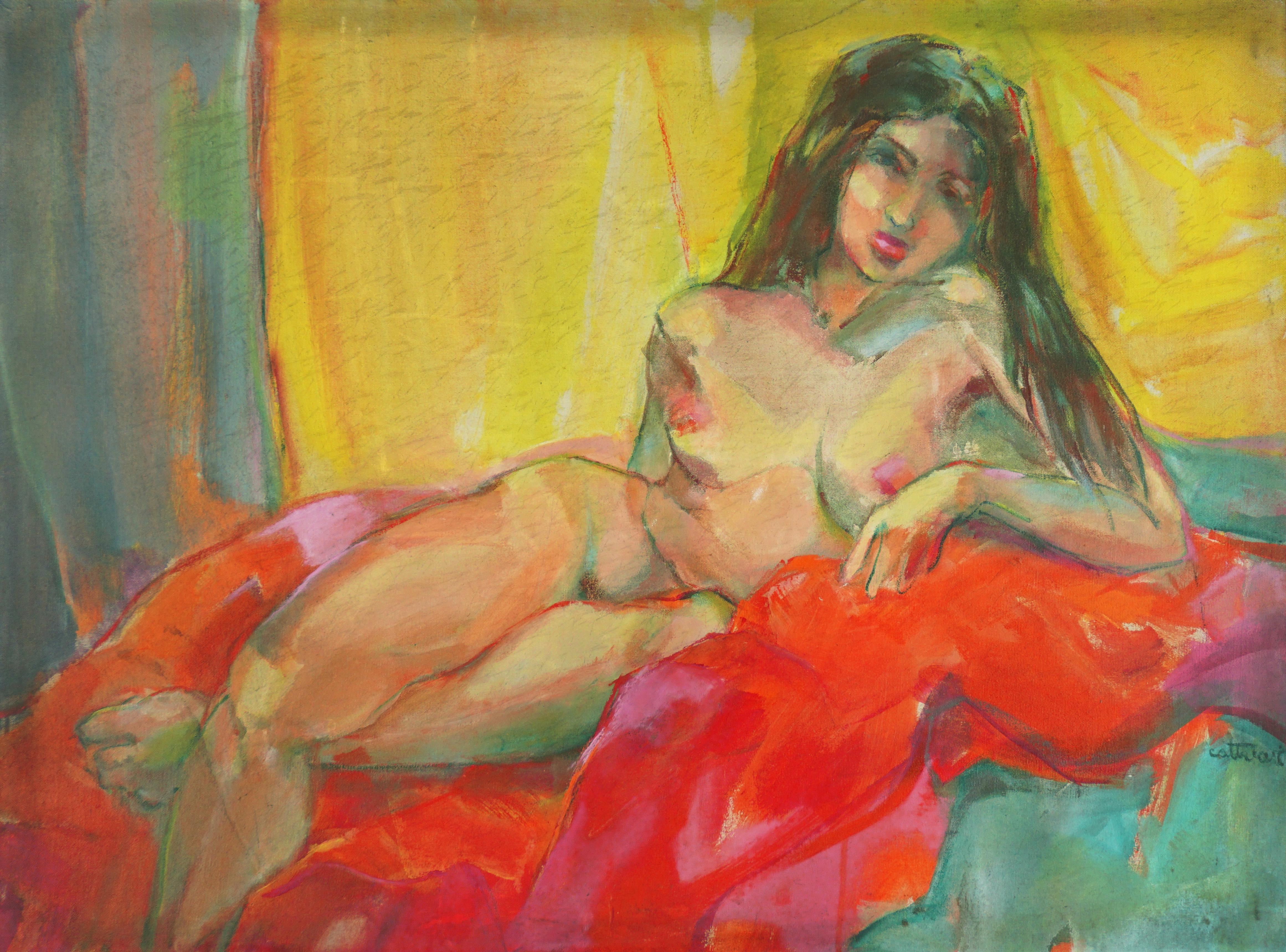 Reclining Woman, Mid Century Bay Area Nude Figurative with Red Drape - Painting by Marjorie Cathcart