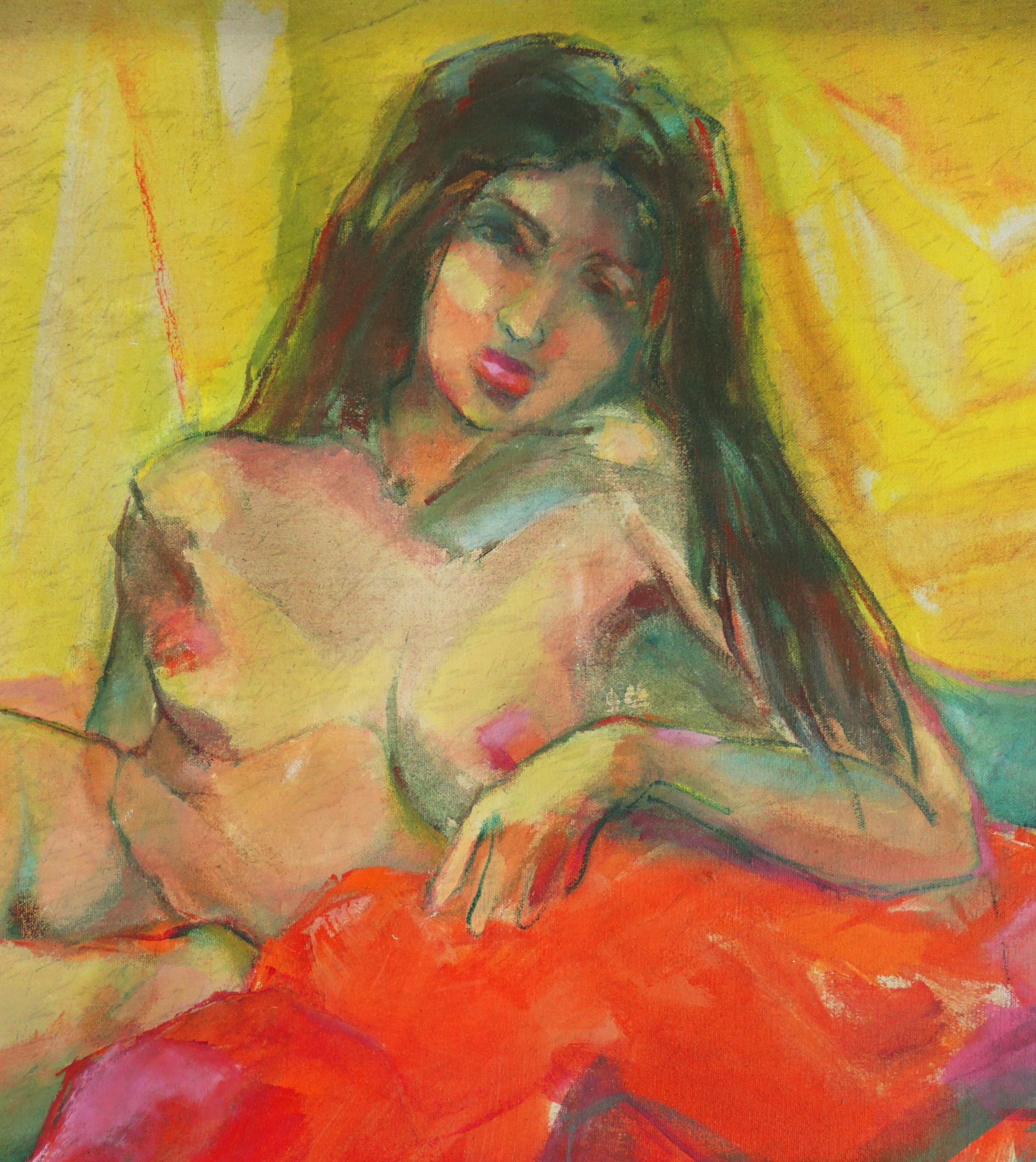 Liegende liegende Frau, Mid-Century Bay Area Nude Figurative mit roter Drapierung (Amerikanischer Impressionismus), Painting, von Marjorie Cathcart