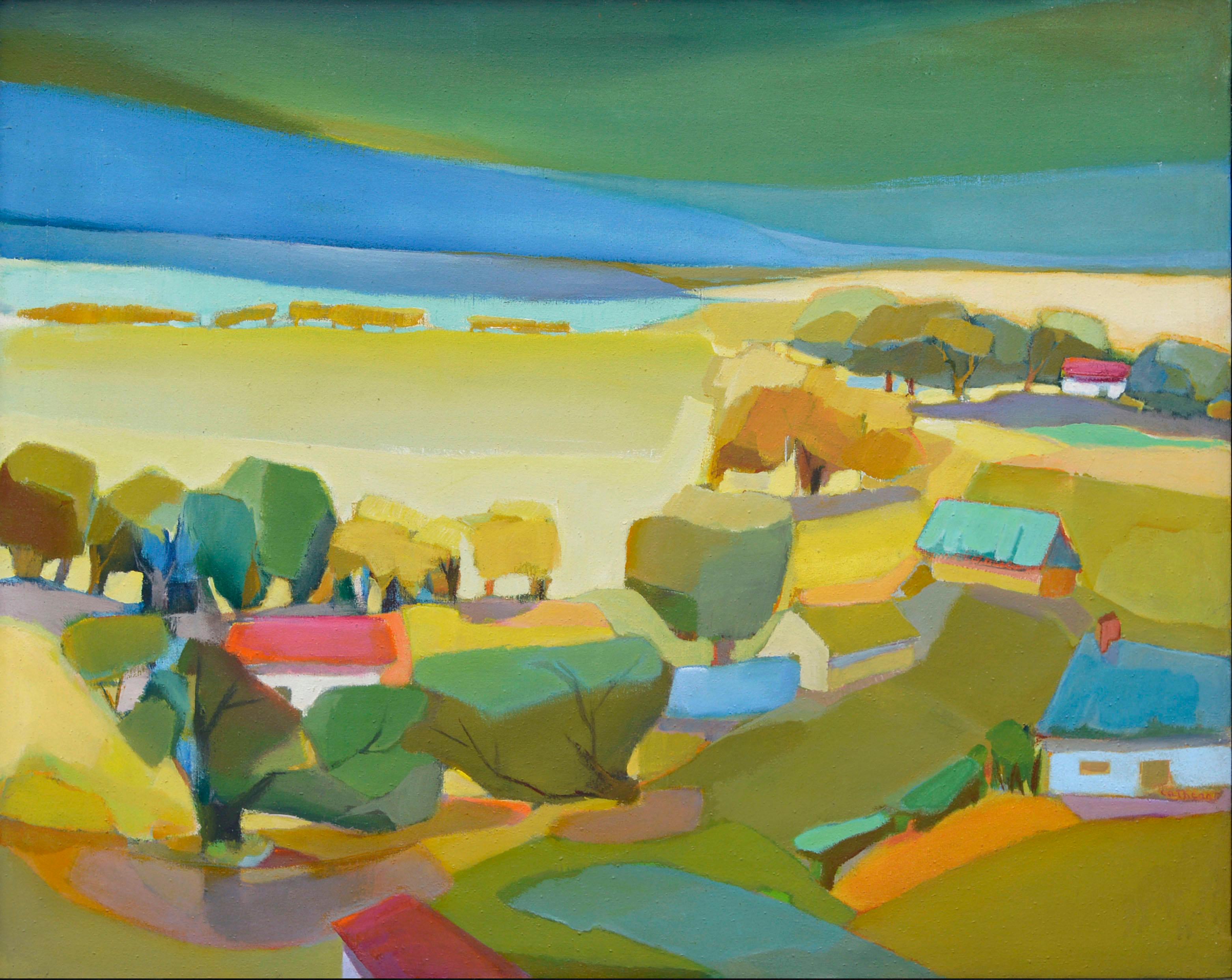 Patchwork Pastoral Abstract Landscape - Painting by Marjorie Cathcart