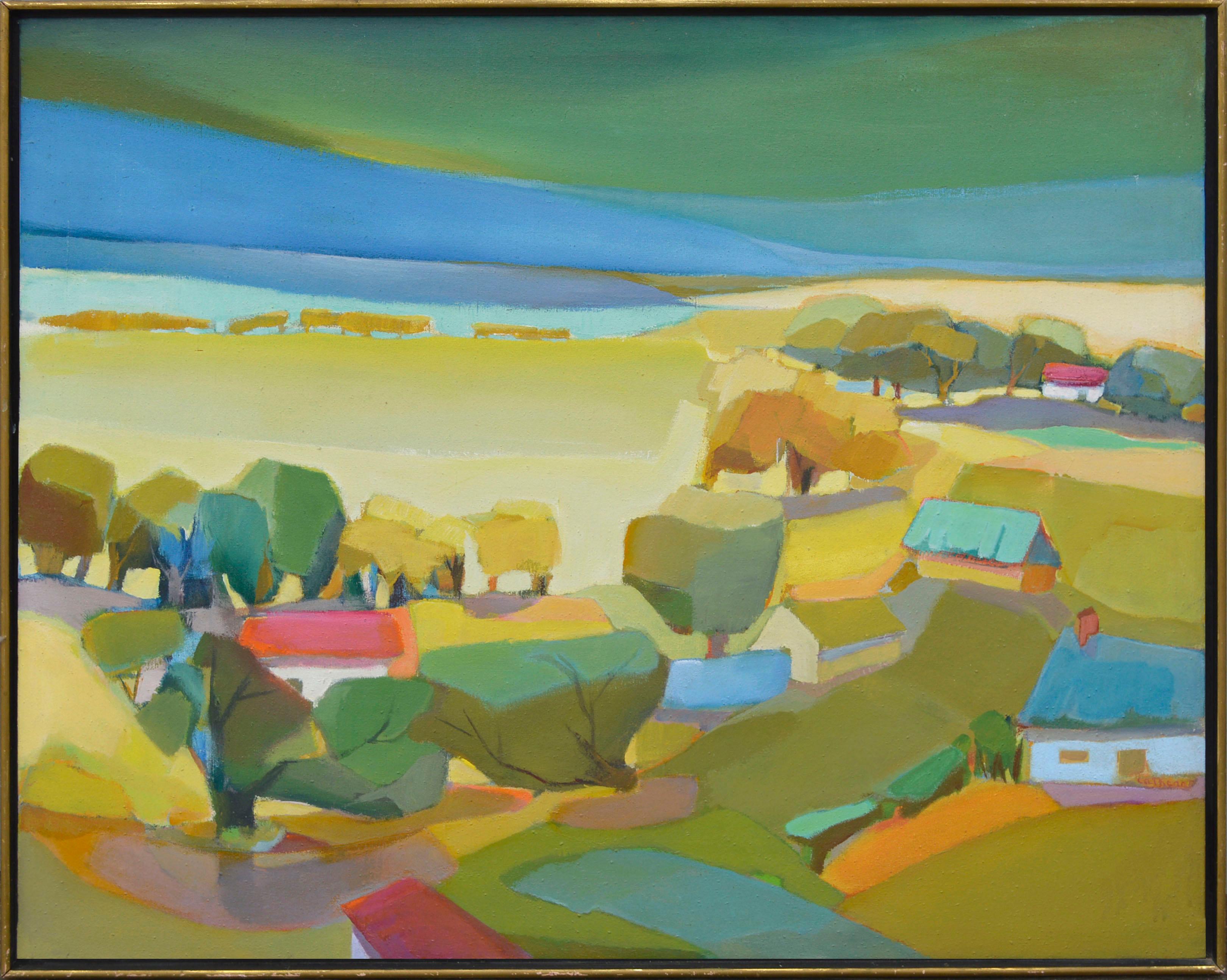 Marjorie Cathcart Landscape Painting - Patchwork Pastoral Abstract Landscape