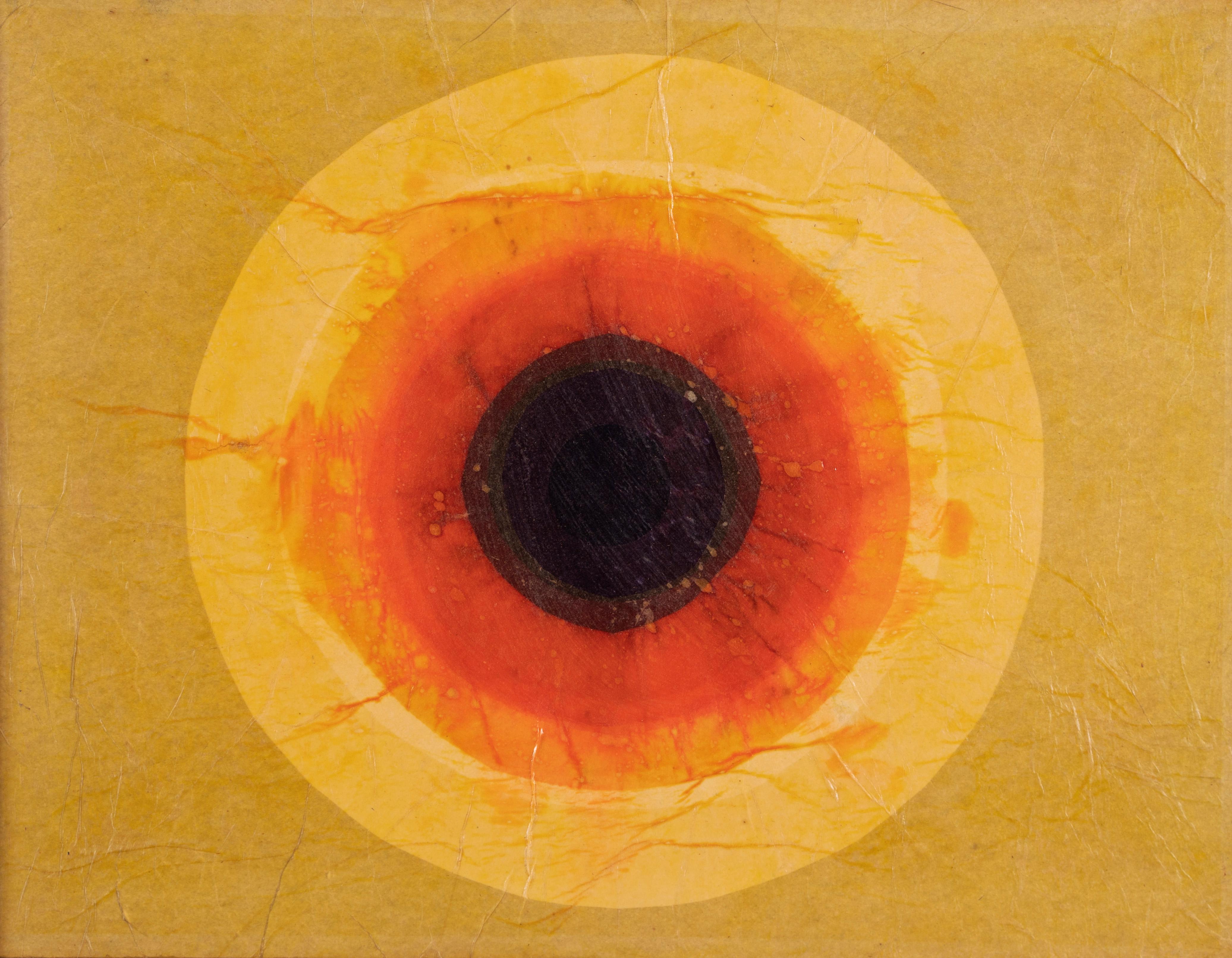 Vintage Surrealist Abstract Cosmic Eye Original Modernist Painting - Orange Landscape Painting by Marjorie Kubach