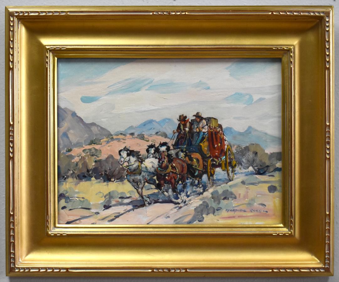 Marjorie Reed Animal Painting - "HAPPY STAGING" STAGECOACH FRAMED 18.5 X 22.5