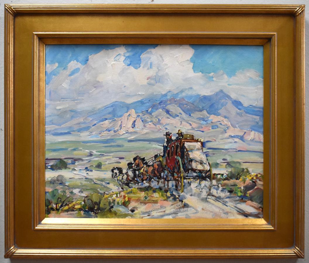 Marjorie Reed Animal Painting - "STAGING ON THE SOUTHERN ARIZONA TRAIL" STAGECOACH ARIZONA / CALIFORNIA