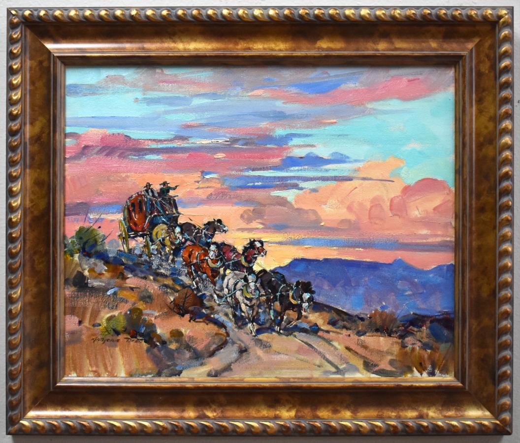 Marjorie Reed Landscape Painting - "SUNSET ON THE OLD STAGE TRAIL"  STAGECOACH SCENE. CALIFORNIA / ARIZONA VIBRANT