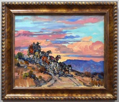 Vintage "SUNSET ON THE OLD STAGE TRAIL"  STAGECOACH SCENE. CALIFORNIA / ARIZONA VIBRANT