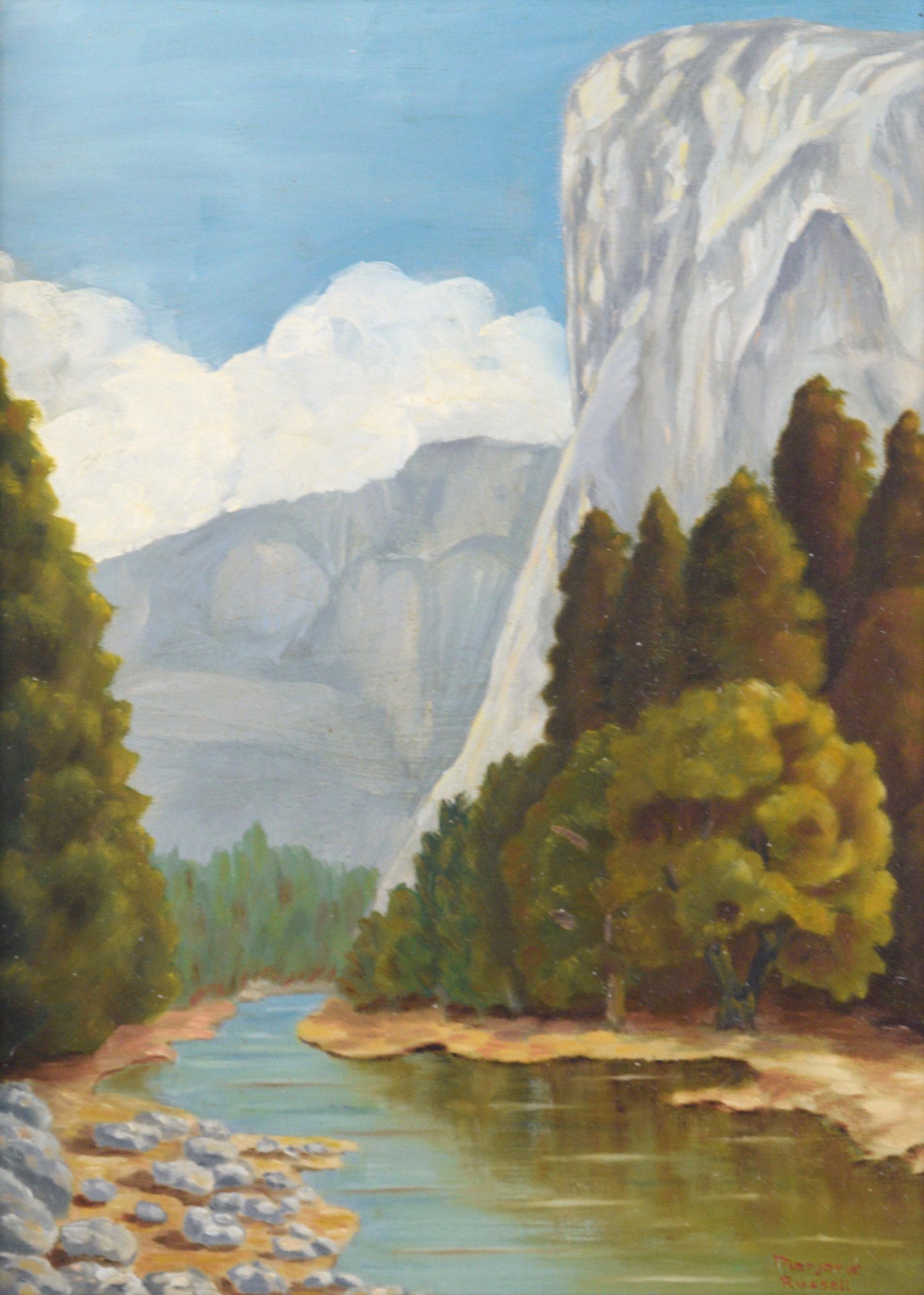 El Capitan und der Merced River - Yosemite - Vertikale Landschaft aus der Mitte des Jahrhunderts – Painting von Marjorie Russell