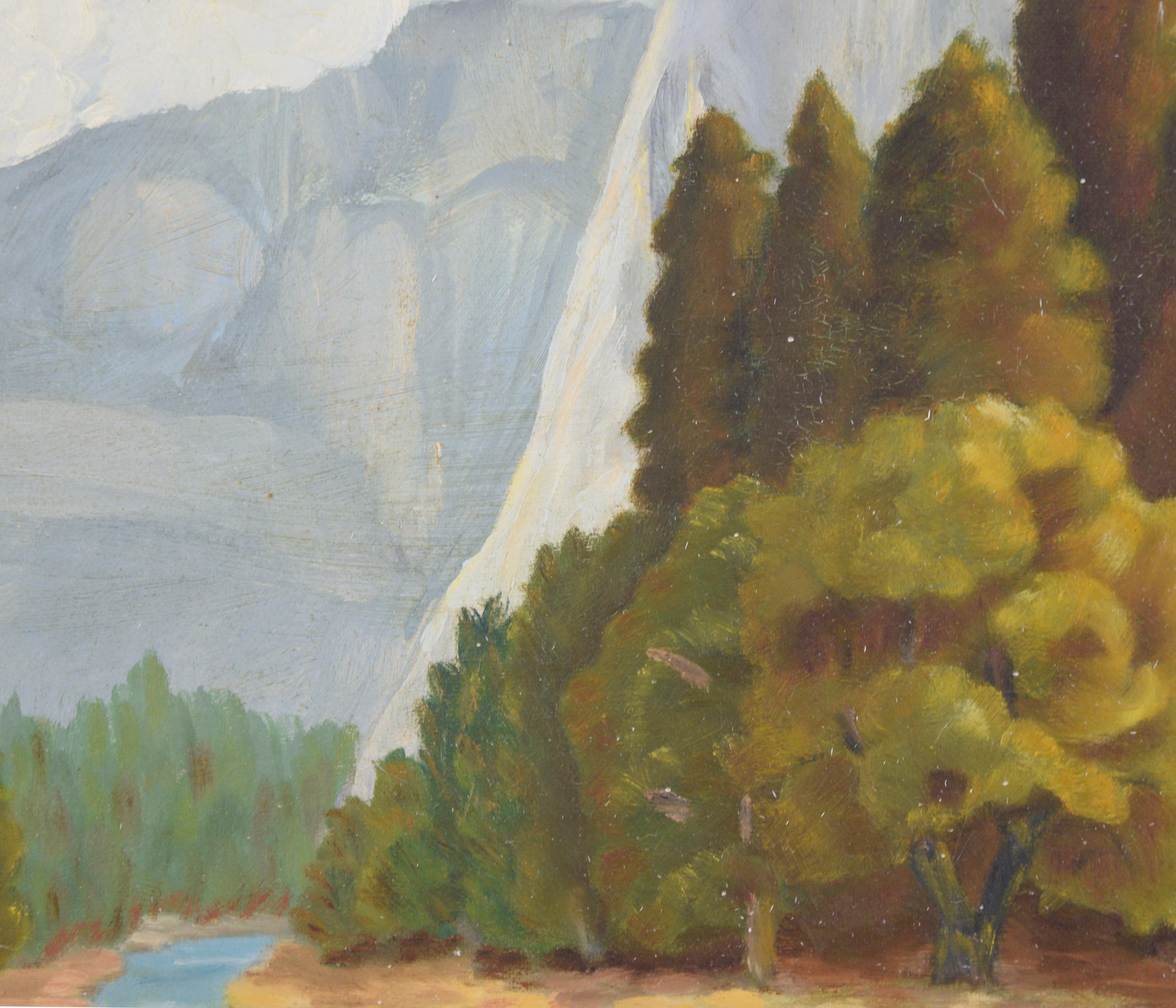 Gelassene Landschaft am Merced-Fluss und El Capitan von der kalifornischen Künstlerin Marjorie Russell (20. Jahrhundert). Ein ruhiger Fluss schlängelt sich durch den unteren Teil der Komposition und wird auf beiden Seiten von üppigen Bäumen