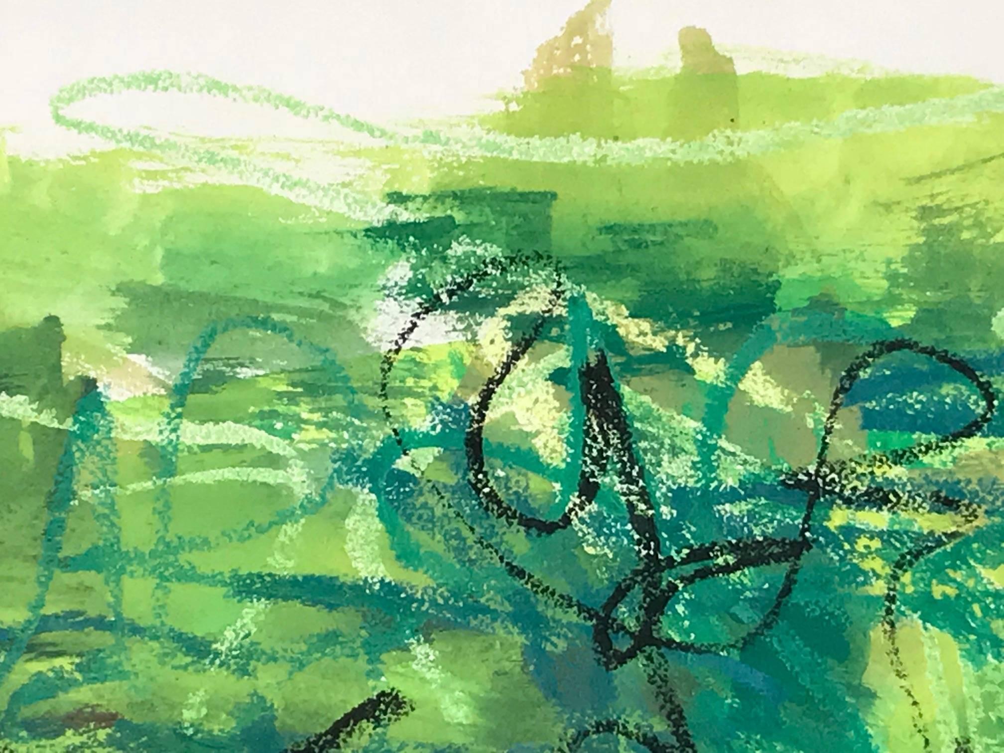Sans titre : Lithographie jaune, verte et noire - Abstrait Print par Marjorie S. Kubach