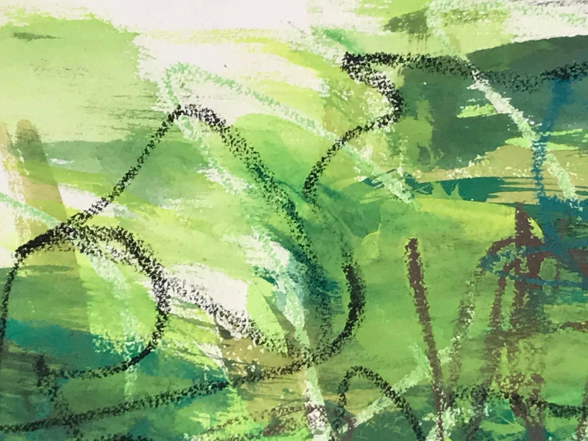 Sans titre : Lithographie jaune, verte et noire - Vert Abstract Print par Marjorie S. Kubach