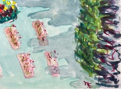 Une scène de jardin colorée capturée à l'aquarelle française du milieu du 20e siècle