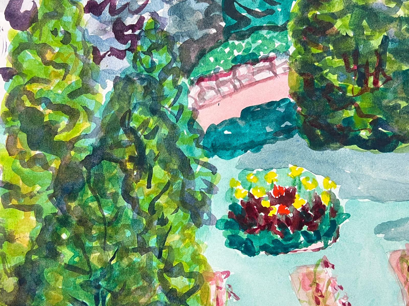 Una colorida escena de jardín plasmada en acuarela French mid 20th Century - Art impresionista estadounidense de Marjorie Schiele (1913-2008)
