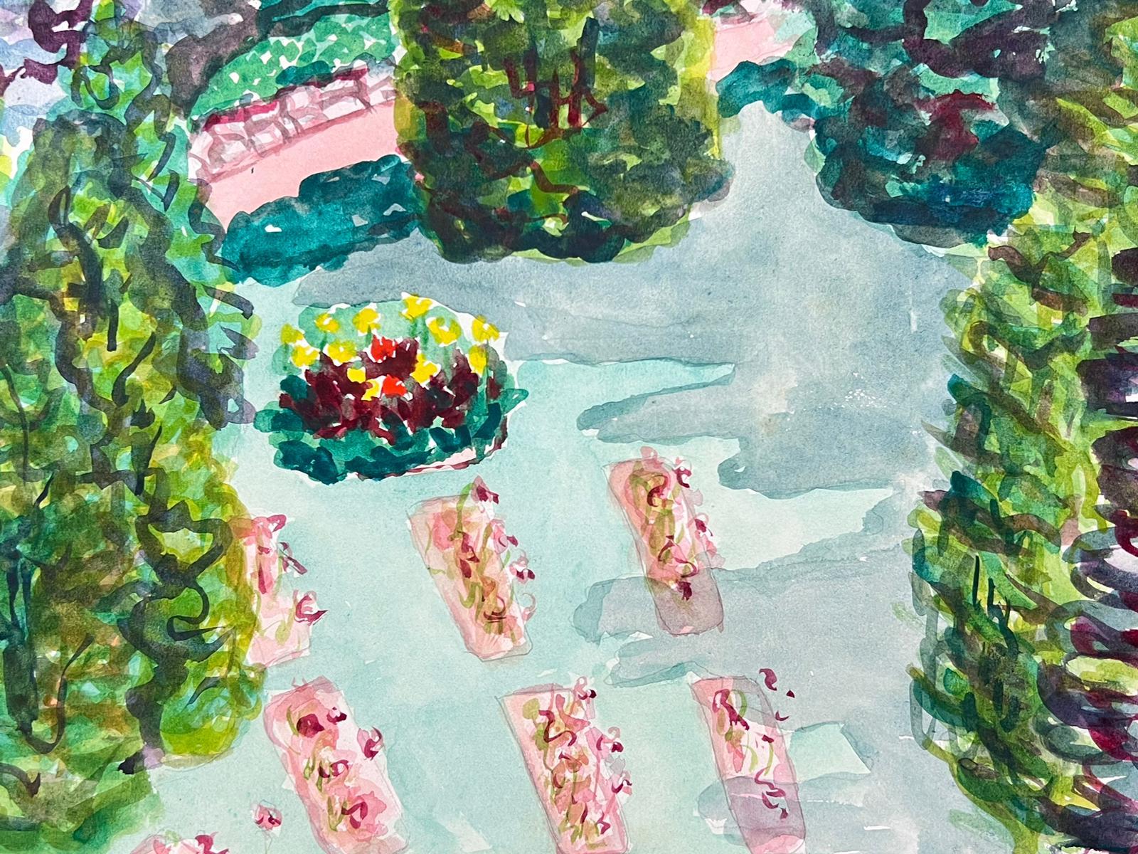 Una colorida escena de jardín plasmada en acuarela French mid 20th Century - Landscape Art Gris de Marjorie Schiele (1913-2008)