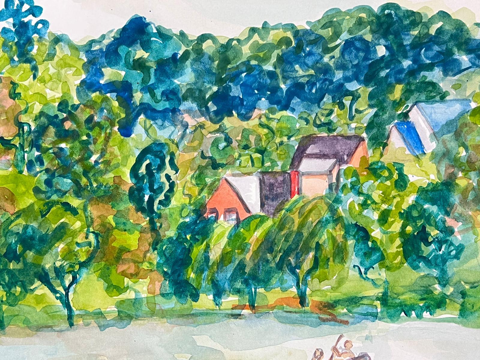 Aquarelle Idyllique d'un village de bord de lac avec canoëistes - Impressionnisme américain Art par Marjorie Schiele (1913-2008)