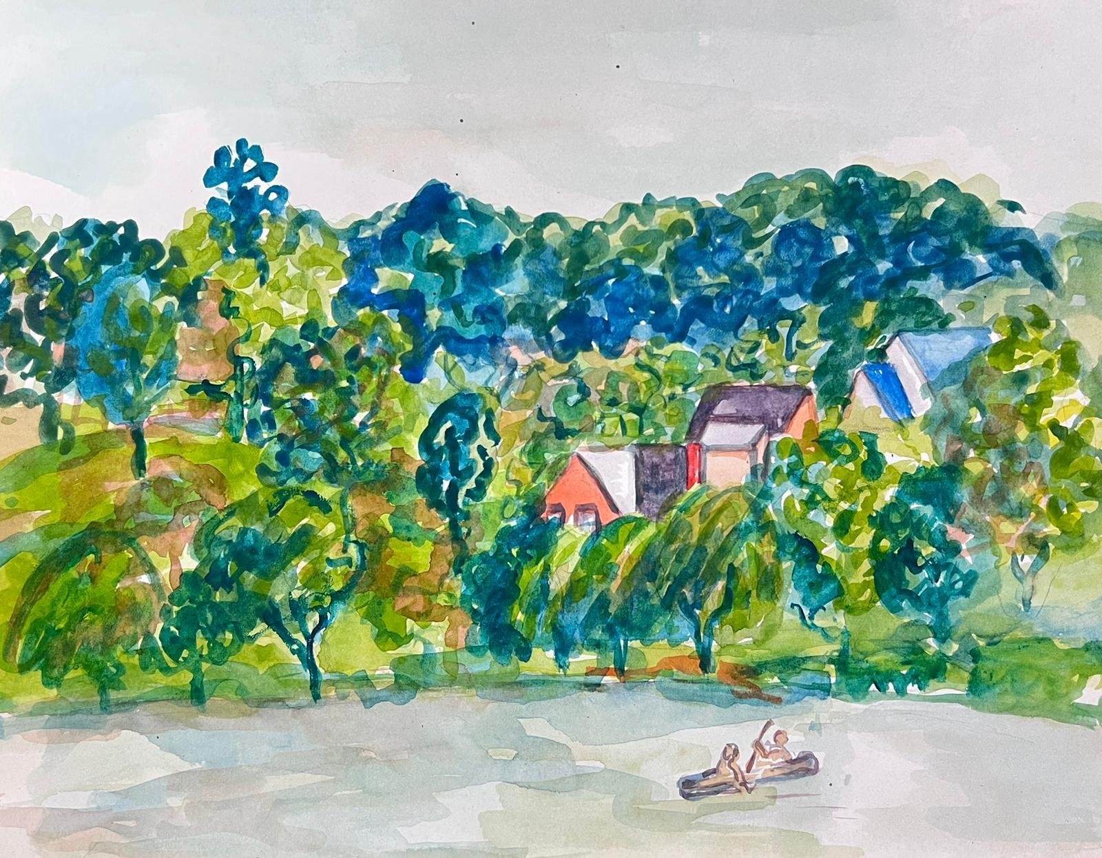 Aquarelle Idyllique d'un village de bord de lac avec canoëistes - Beige Landscape Art par Marjorie Schiele (1913-2008)