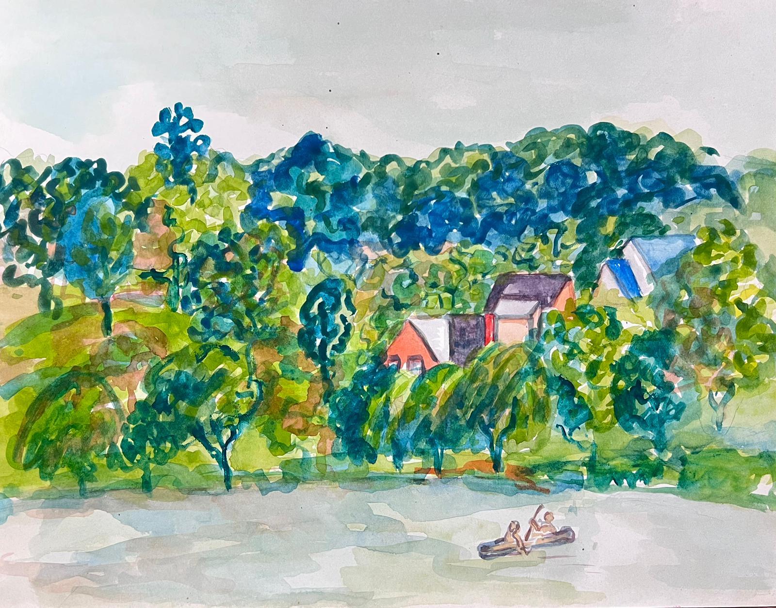 Landscape Art Marjorie Schiele (1913-2008) - Aquarelle Idyllique d'un village de bord de lac avec canoëistes