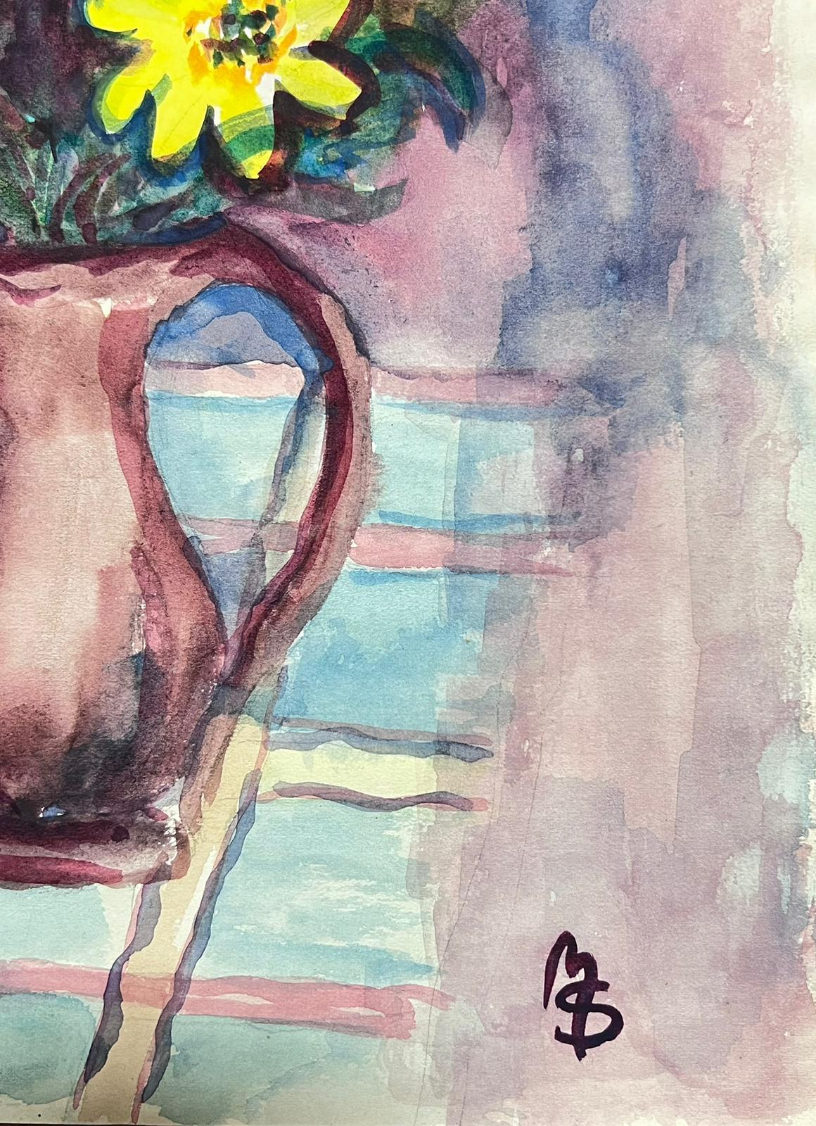 Nature morte aux tournesols dans une cruche rose Peinture à l'aquarelle de l'école parisienne - Impressionnisme américain Art par Marjorie Schiele (1913-2008)