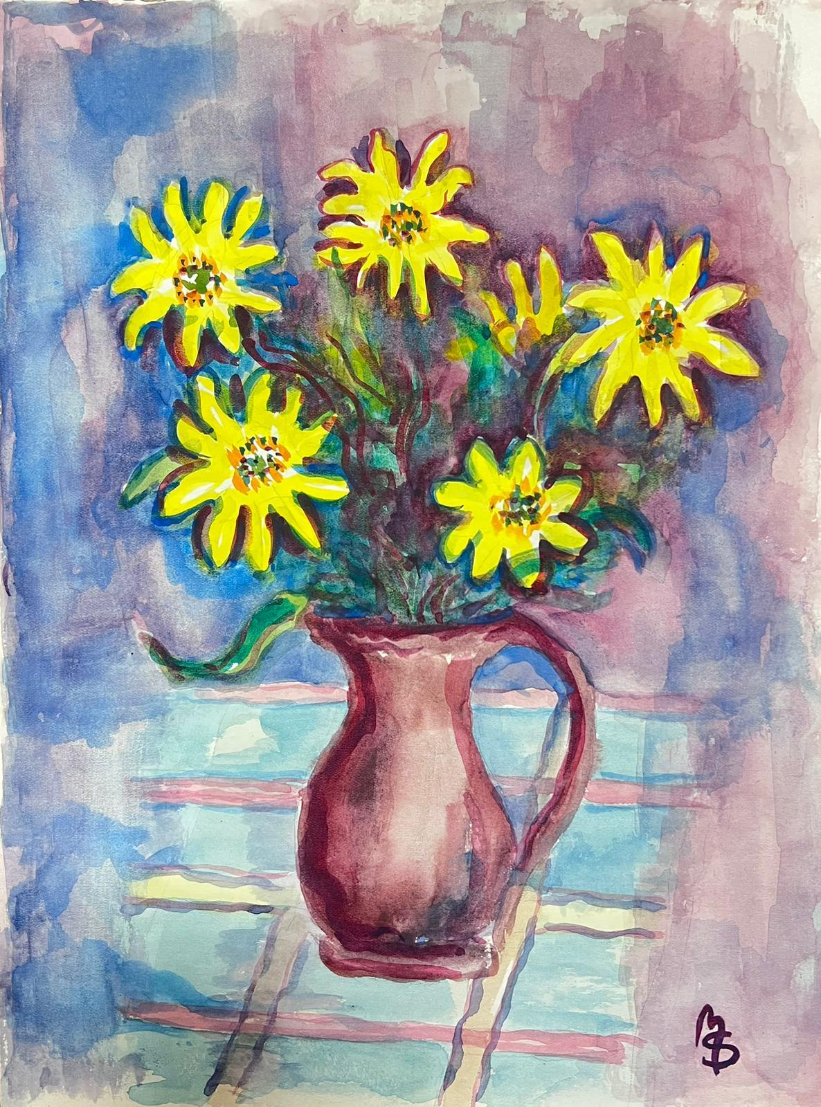 Still-Life Marjorie Schiele (1913-2008) - Nature morte aux tournesols dans une cruche rose Peinture à l'aquarelle de l'école parisienne