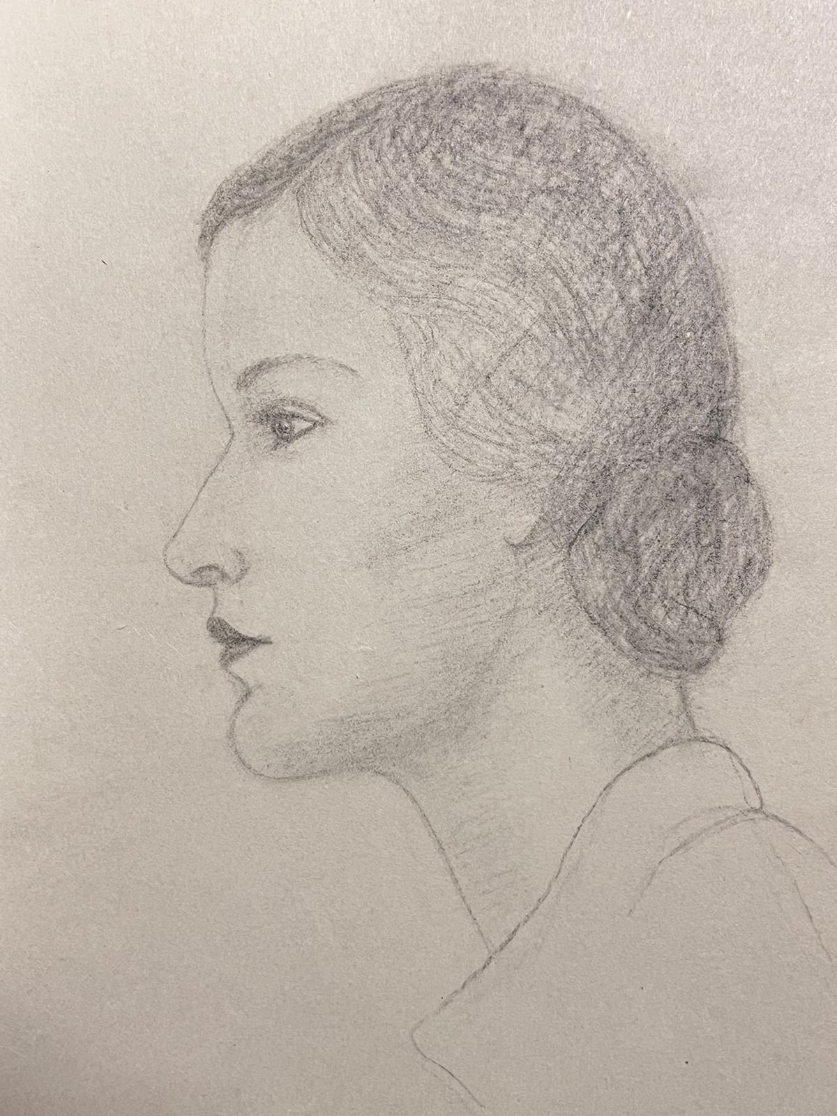 Élégant portrait de jeune femme de l'école de Paris, milieu du 20e siècle - Painting de Marjorie Schiele (1913-2008)