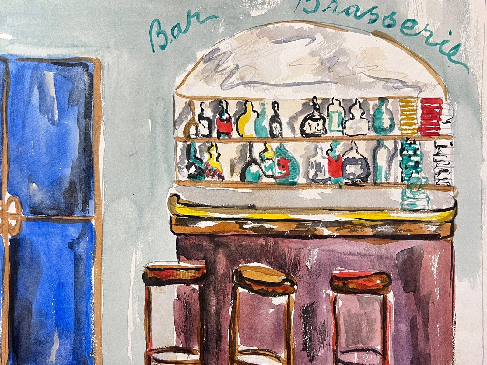 Französisches Aquarellgemälde, farbenfrohes Pariser Bar  – Art von Marjorie Schiele (1913-2008)