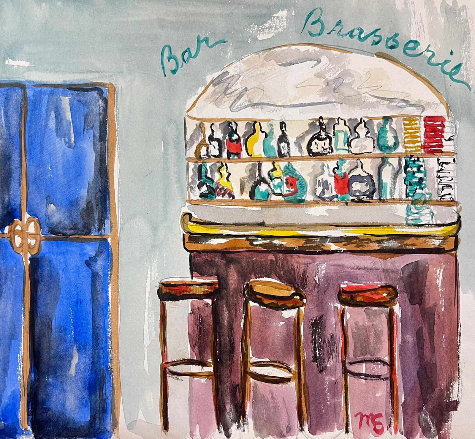 French Watercolour Painting Colourful Parisian Bar  - American Impressionist Art by Marjorie Schiele (1913-2008)