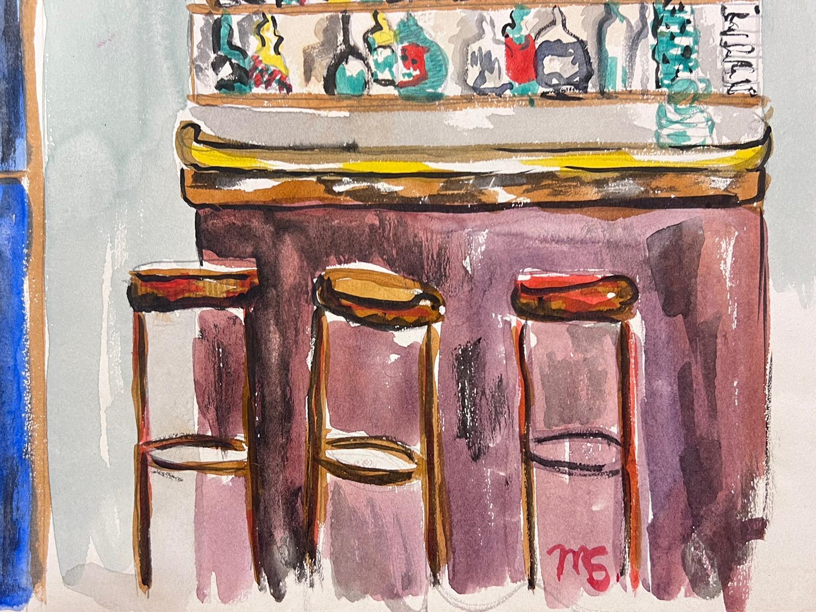 Französische Bar
Original-Aquarell auf Künstlerpapier
unterzeichnet von Marjorie Schiele (1913-2008) *siehe Anmerkungen unten
ein Blatt Papier ist 9,5 x 12,5 Zoll groß
In gutem Zustand
Herkunft: aus einer Privatsammlung in Paris

Schiele,  wurde in