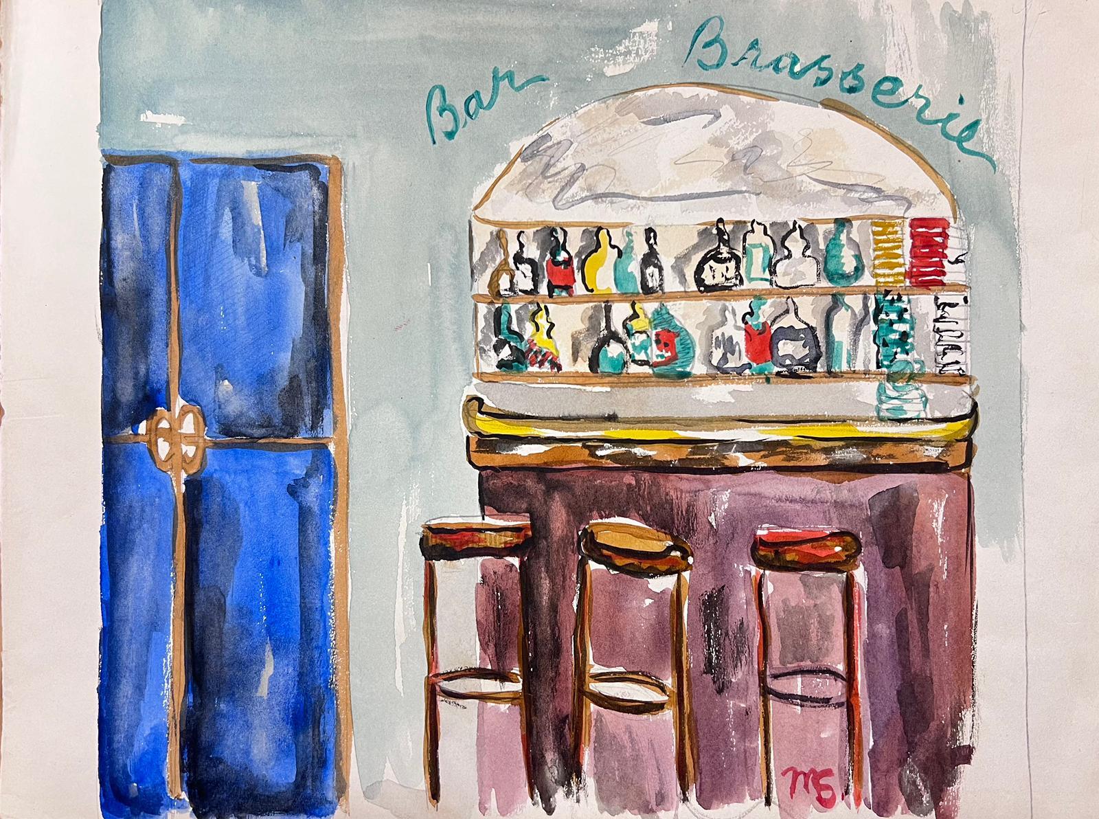 Marjorie Schiele (1913-2008) Interior Art – Französisches Aquarellgemälde, farbenfrohes Pariser Bar 