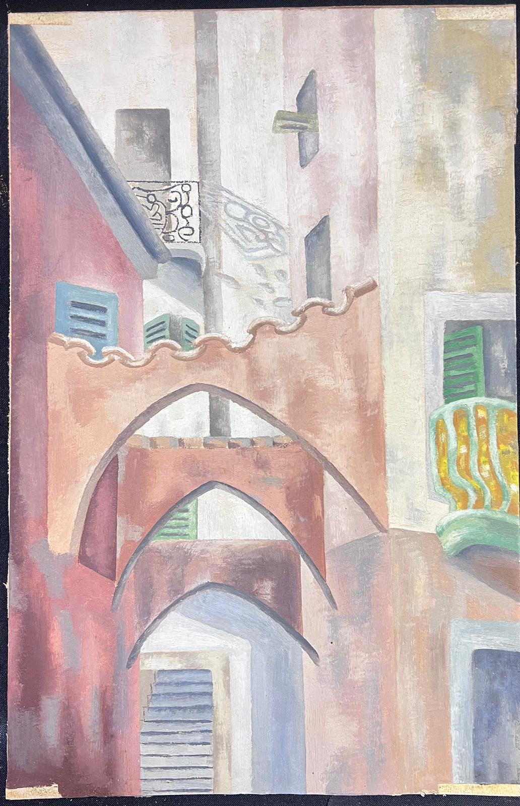 Mid 20th Century Architectural City Back Streets Modernist Cubist Oil Painting - Gris Figurative Painting par Marjorie Schiele (1913-2008)