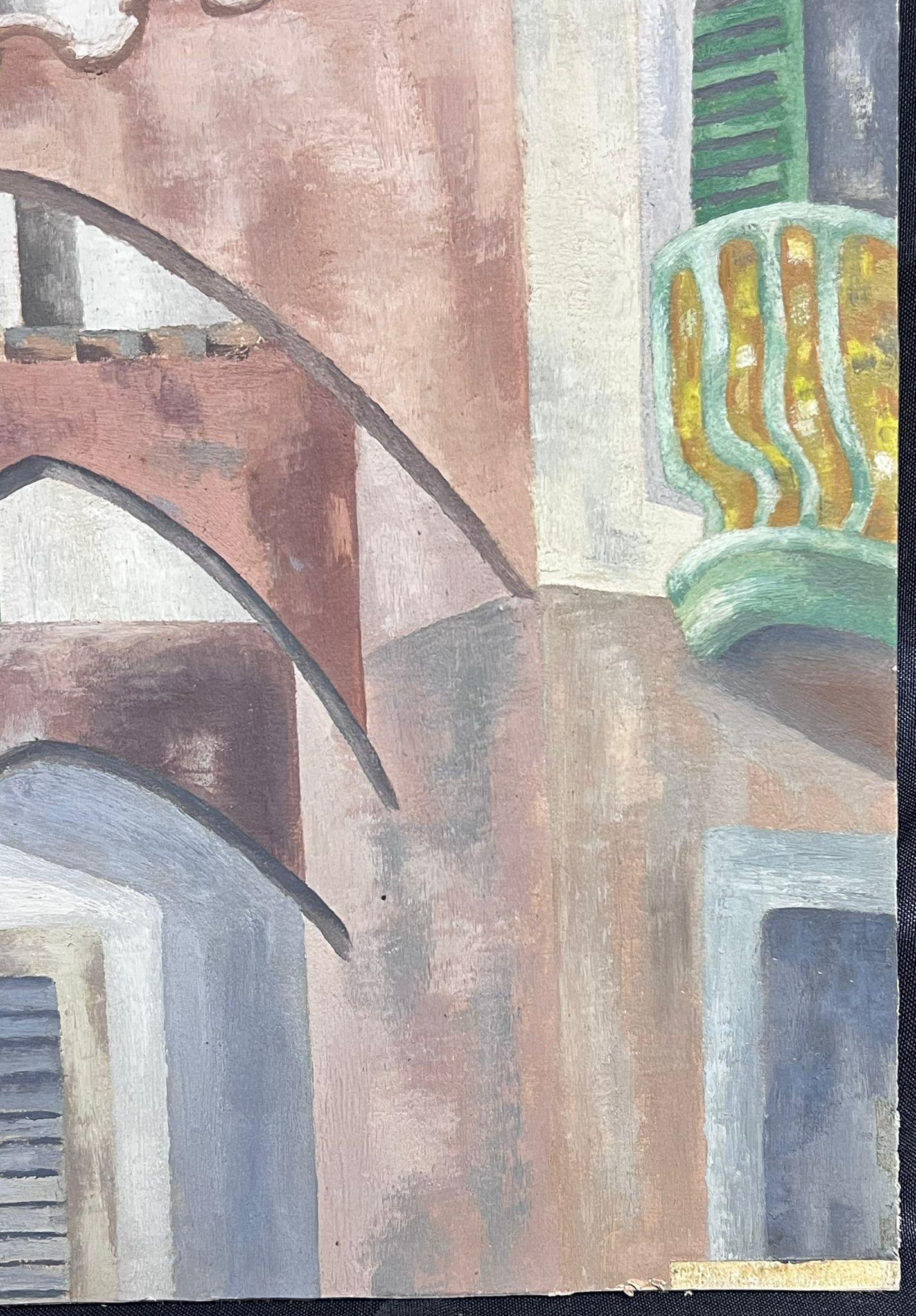 Mid 20th Century Architectural City Back Streets Modernist Cubist Oil Painting en vente 1