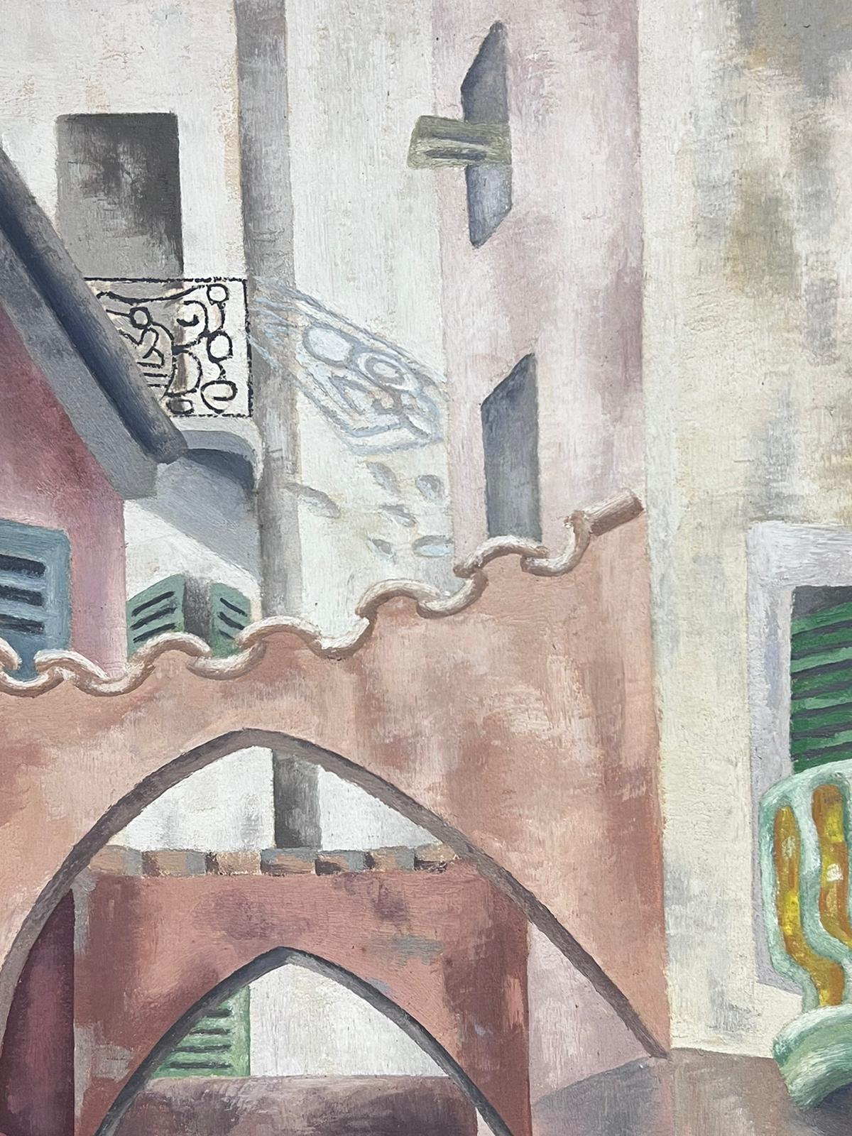 Mid 20th Century Architectural City Back Streets Modernist Cubist Oil Painting For Sale 1