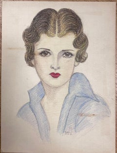 Portrait of Elegant Young Society Lady Exquisite Drawing Red Lips Blue Shirt