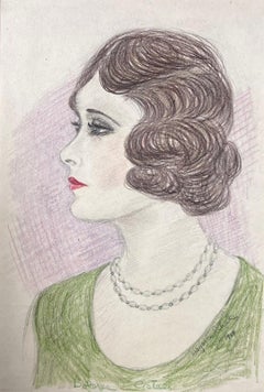 Antique Portrait of Elegant Young Society Lady In Green Round Neck Exquisite Drawing 