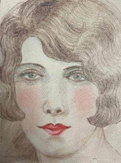 Antique Red Lip Blue Eyed Portrait of Elegant Young Society Lady Exquisite Drawing 