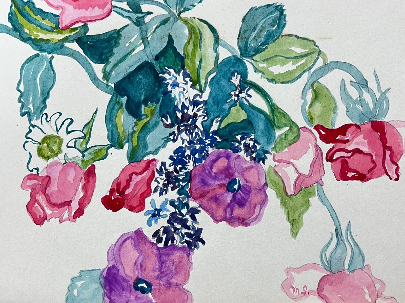 Aquarelle florale vibrante avec roses et fleurs sauvages - Art de Marjorie Schiele (1913-2008)