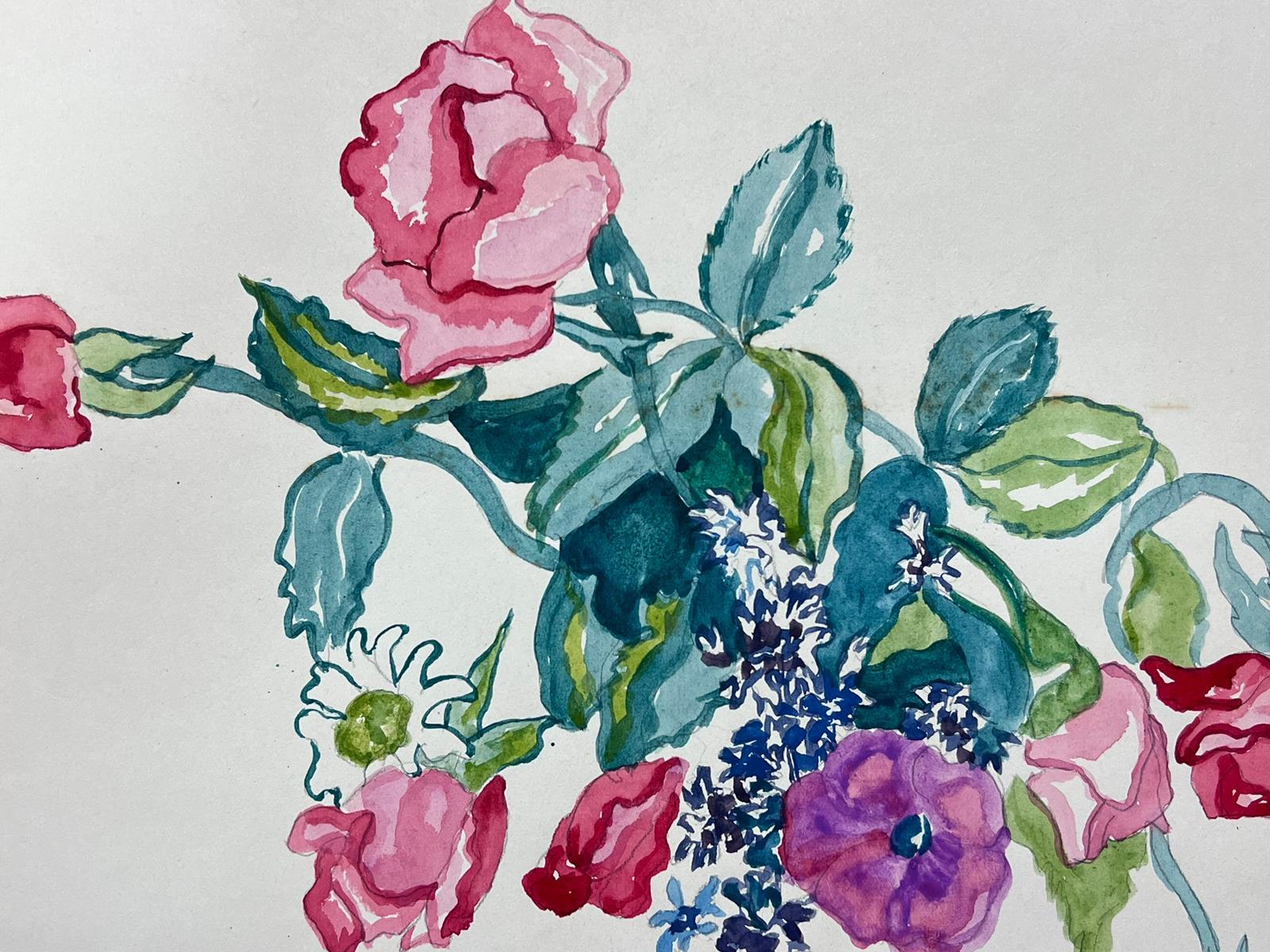 Aquarelle florale vibrante avec roses et fleurs sauvages - Impressionnisme américain Art par Marjorie Schiele (1913-2008)