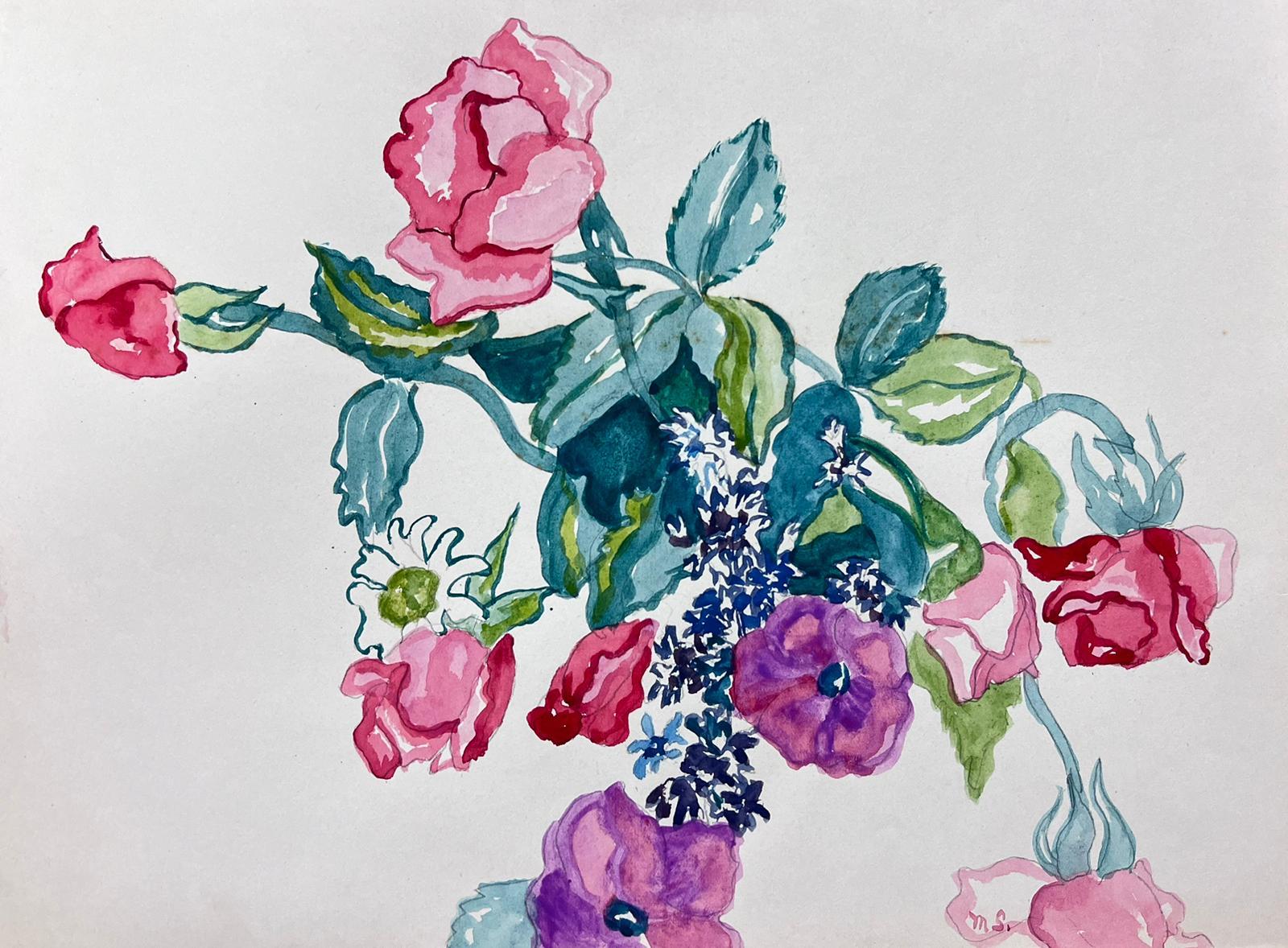 Aquarelle florale vibrante avec roses et fleurs sauvages - Gris Still-Life par Marjorie Schiele (1913-2008)