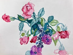 Leuchtend lebhafte Aquarell-Blumenkomposition mit Rosen und Wildblumen