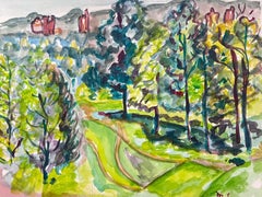 Vibrant Watercolor Landscape of a Sunlit Forest and Rolling Hills