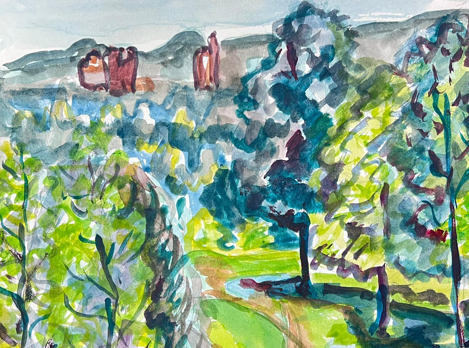 Vibrante paisaje en acuarela de un bosque iluminado por el sol y colinas ondulantes - Painting impresionista estadounidense de Marjorie Schiele (1913-2008)