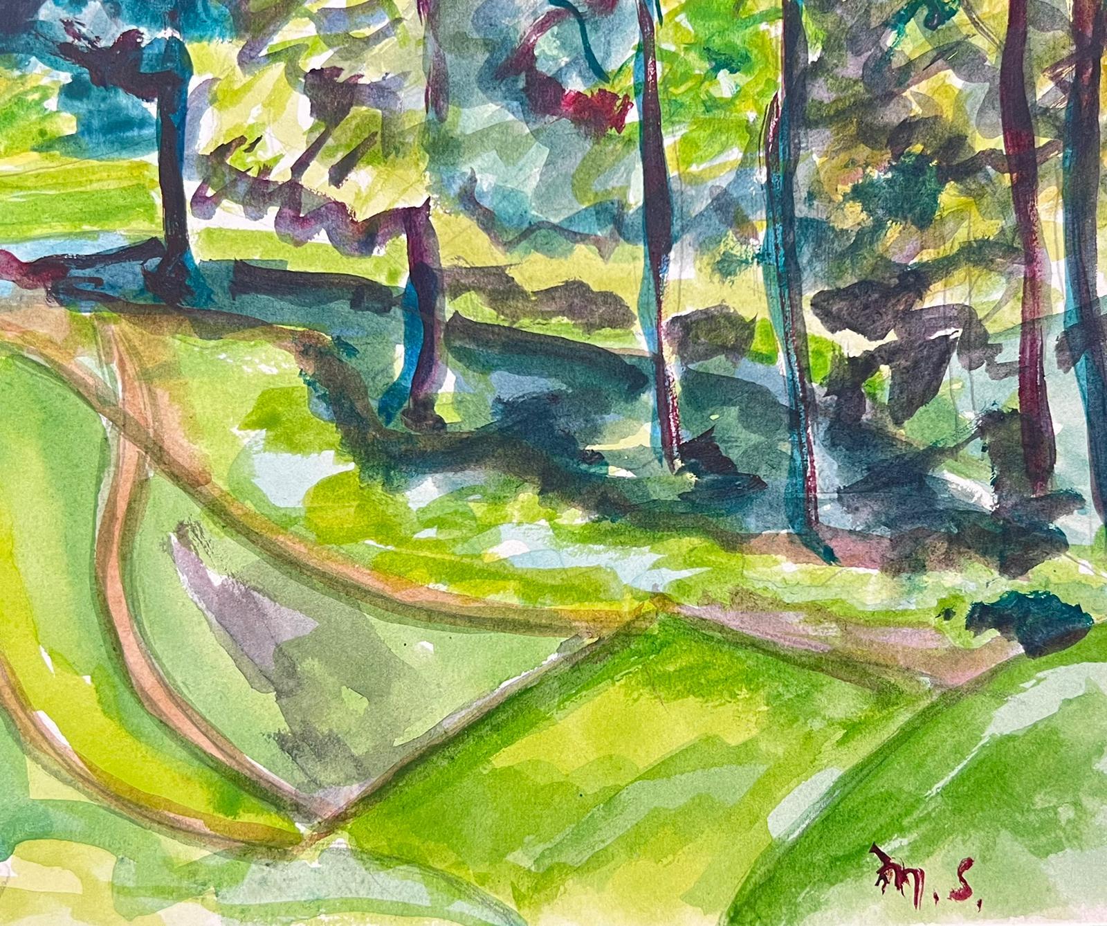 Vibrante paisaje en acuarela de un bosque iluminado por el sol y colinas ondulantes - Landscape Painting Beige de Marjorie Schiele (1913-2008)