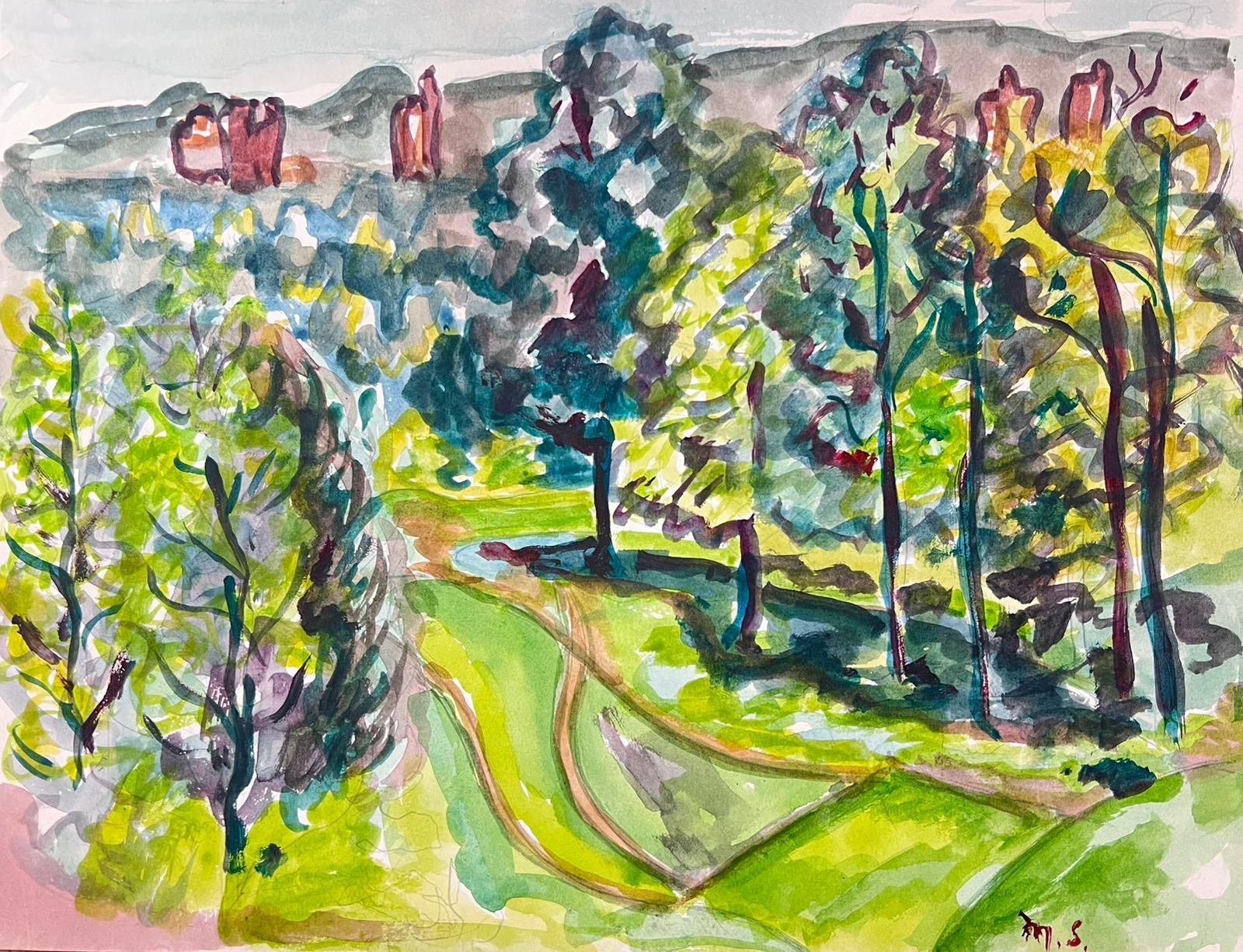 Landscape Painting de Marjorie Schiele (1913-2008) - Vibrante paisaje en acuarela de un bosque iluminado por el sol y colinas ondulantes